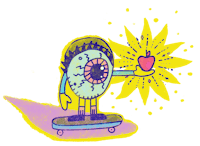 a cartoon character holding an apple on a skateboard